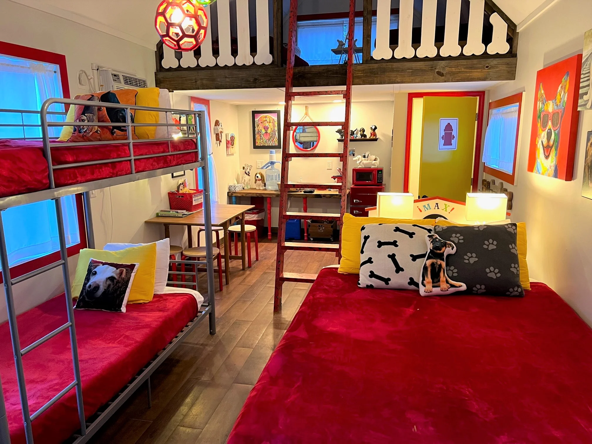 Inside of the Red Woof Inn with beds for six