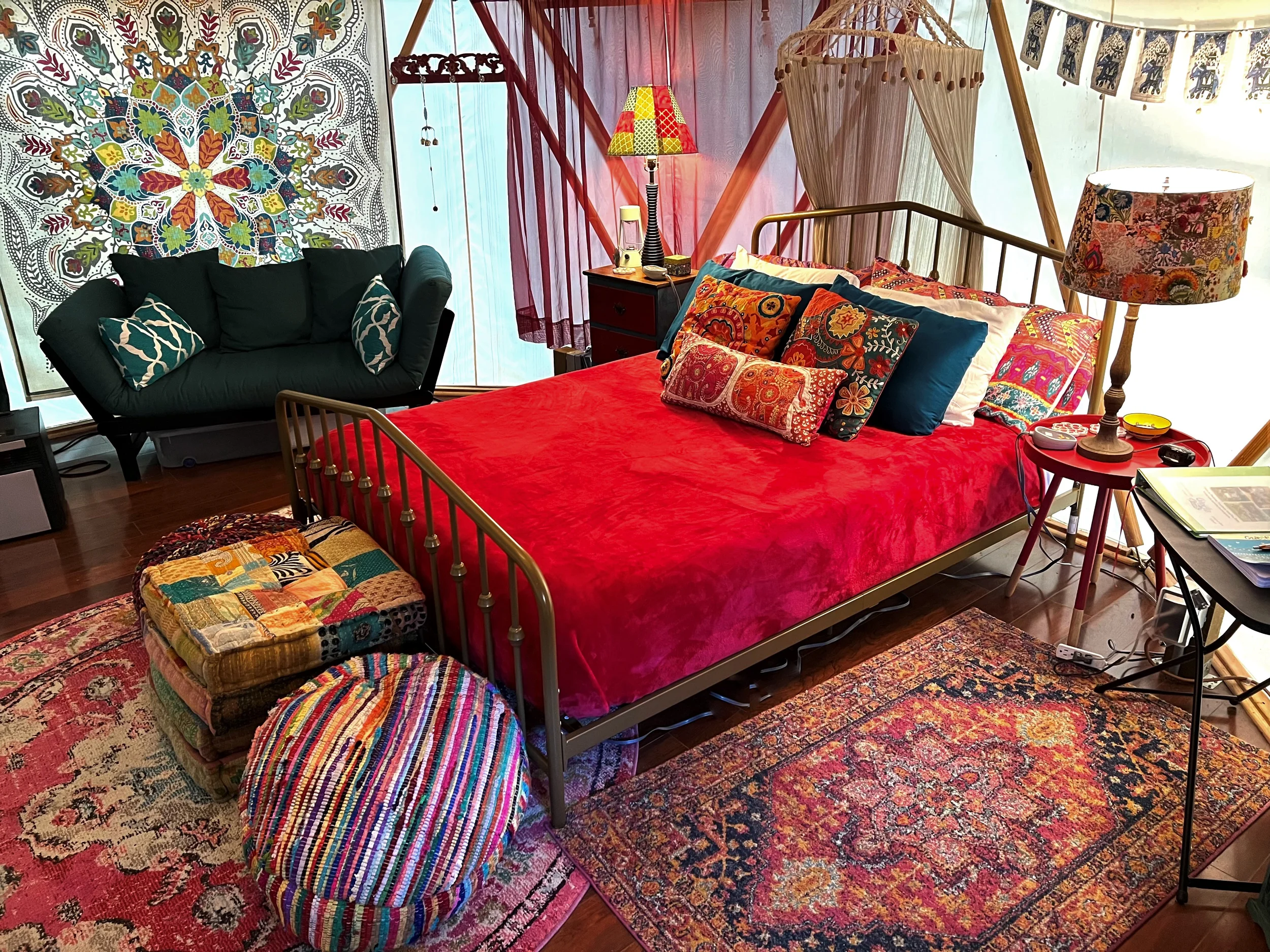 Inside of the Bohemian style Yurt with colorful decor